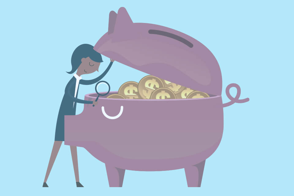 Image of a woman lifting a lid on a piggy bank with money inside